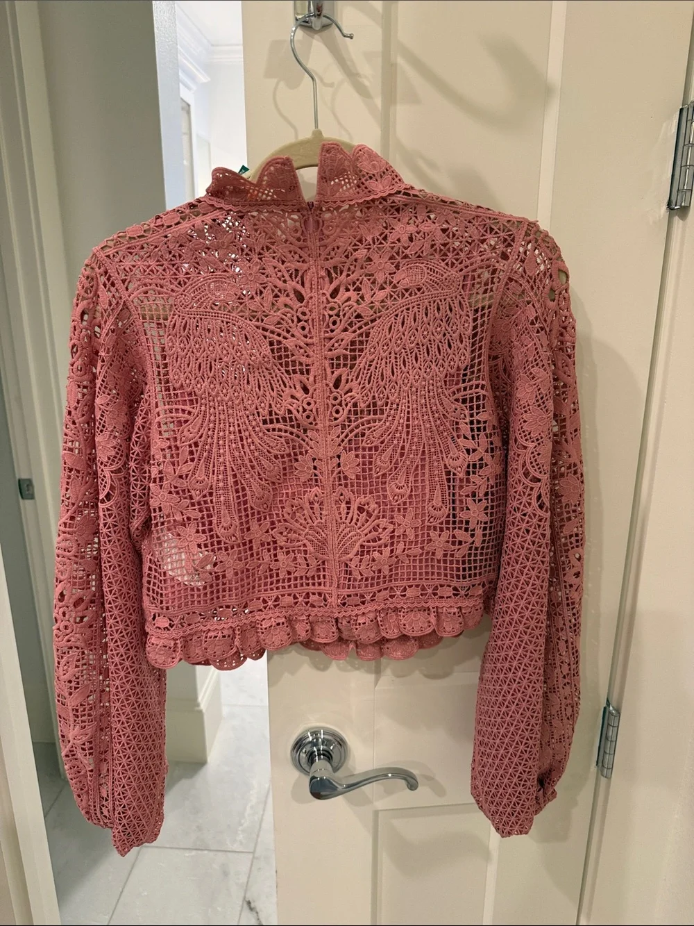 FARM Rio Dusty Rose Crochet Lace High-Neck Long Sleeve Top